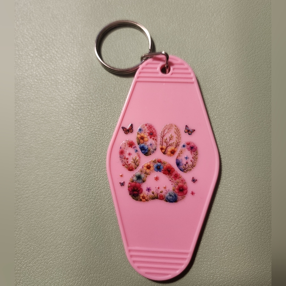 Pink Floral Paw Print Keychain